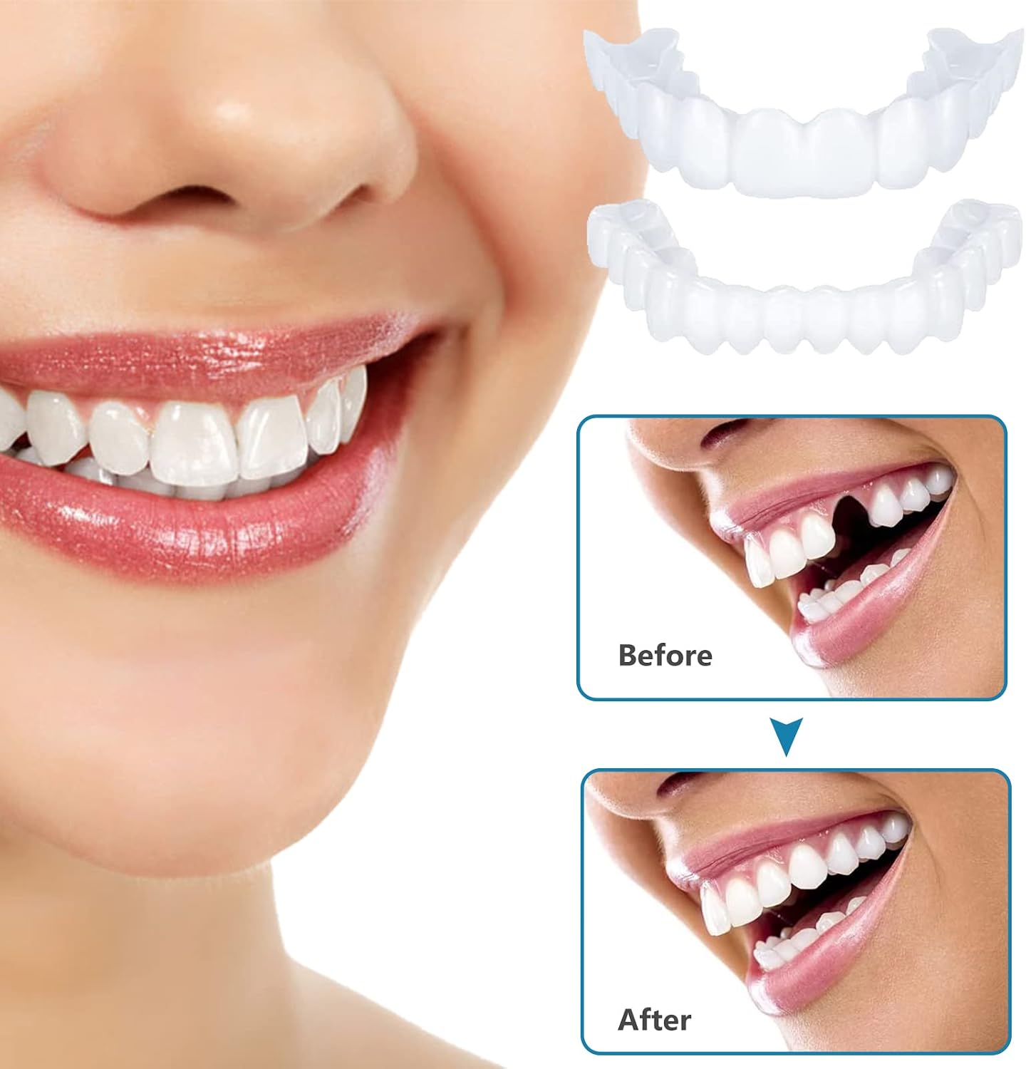 Braces Instant Snap On Perfect Smile Veneers Dentures Fake Teeth Smile Serrated Denture Teeth Top and Bottom Comfort Fit Flex Teeth Socket to Make White Tooth Beautiful Neat